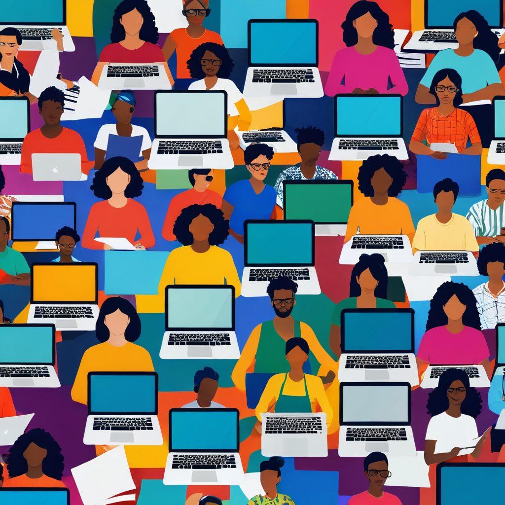 A vibrant collage featuring diverse bloggers collaborating in a digital workspace, with each person representing different cultures and styles. Show them engaging with laptops and creative tools, surrounded by colorful networking icons and symbols. The background should have elements of connectivity, like lines and nodes linking the bloggers together, creating a sense of a thriving community. Include a warm, inspiring color palette. super-realistic. vibrant colors. 3D.