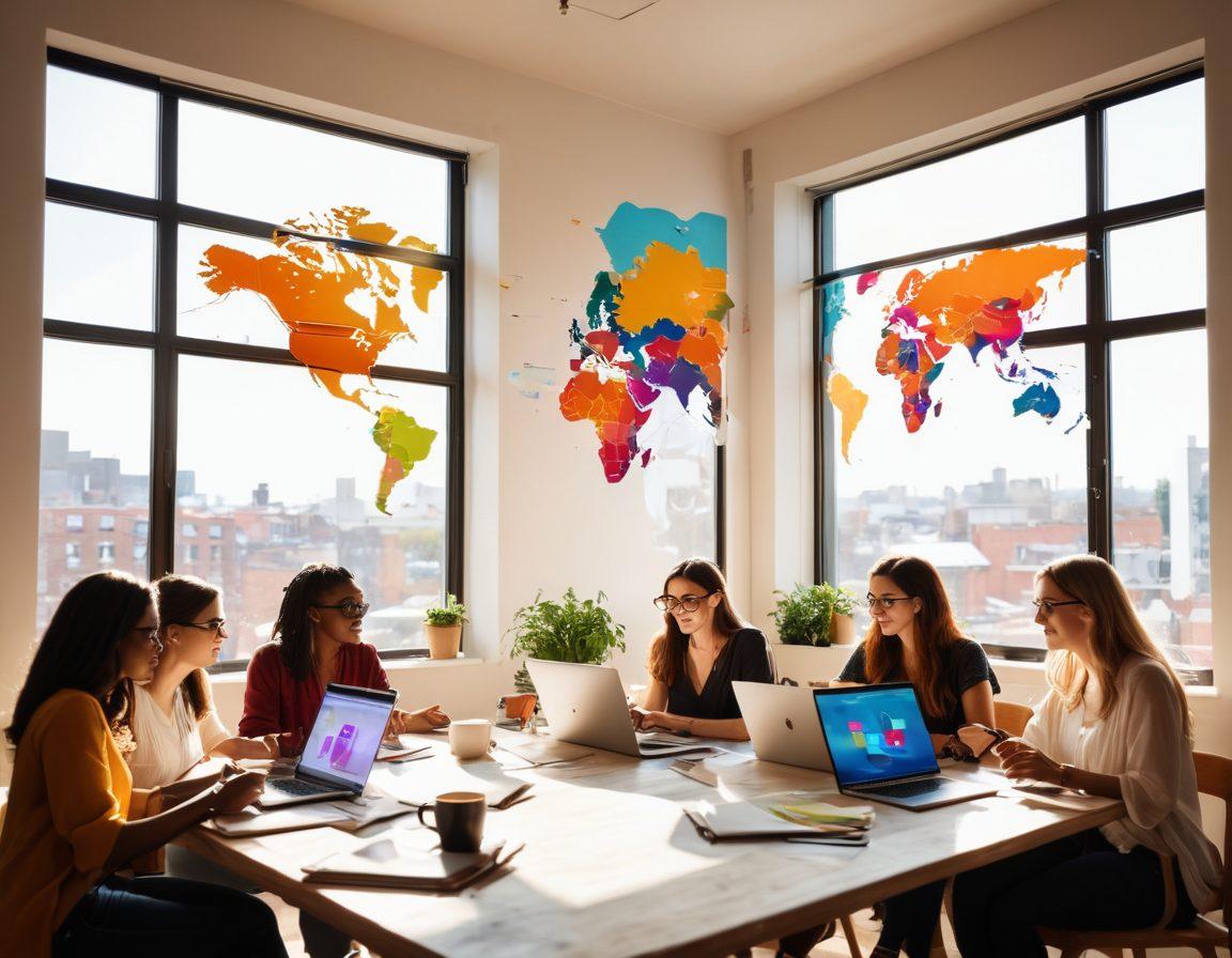 A captivating scene of a diverse group of bloggers engaging in a vibrant discussion around a large table filled with laptops, notebooks, and coffee cups. The background features a colorful digital world map representing the blogosphere, with icons for various blog topics floating around. Bright sunlight streams through a window, illuminating the room and creating an inviting atmosphere. The image should convey collaboration, creativity, and growth in the blogging community. vibrant colors. super-realistic.