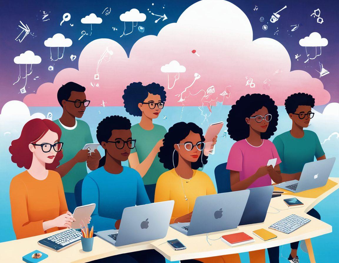 A whimsical illustration of a diverse group of bloggers navigating a colorful digital landscape filled with floating icons representing sharing, communication, and creativity. Each blogger is depicted engaging with their unique style and character, showcasing vibrant connections and interactions within the community. The background features an ethereal sky with digital clouds and social media symbols, emphasizing the vastness of the blogosphere. whimsical art. vibrant colors. 3D.